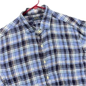 Polo Ralph Lauren Shirt Mens 2XL 100% Linen Button Up Blue Tartan Plaid Casual